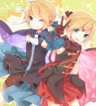  1boy 1girl :d ;p arm_hug ascot blonde_hair blue_eyes bow brown_gloves cape elbow_gloves gloves hair_bow hair_ribbon kagamine_len kagamine_rin one_eye_closed open_mouth pleated_skirt ribbon skirt smile tongue tongue_out v vocaloid wind yonema 