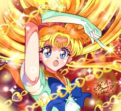  1girl aino_minako bishoujo_senshi_sailor_moon blonde_hair blue_eyes bow choker elbow_gloves gloves happynaru23 highres long_hair magical_girl orange_choker orange_sailor_collar sailor_collar sailor_senshi_uniform sailor_venus skirt solo venus_love_me_chain white_gloves 