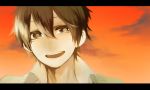 1boy artist_request black_eyes black_hair face kagerou_project kokonose_haruka letterboxed looking_at_viewer mole open_mouth orange_sky short_hair sky smile solo 