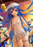  1girl aki99 alcohol beach beer beer_mug blue_eyes blue_hair blush bracelet curry_rice food hat highres ikamusume jewelry leg_garter long_hair looking_at_viewer open_mouth plate school_swimsuit shinryaku!_ikamusume small_breasts smile solo spaghetti swimsuit tentacle_hair tentacles white_school_swimsuit white_swimsuit 