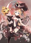  +_+ 1girl black_dress black_legwear blonde_hair blue_eyes candy dress flower fre halloween hat highres jack-o&#039;-lantern light_smile lollipop long_hair looking_at_viewer navel original pumpkin solo staff thigh-highs witch witch_hat 