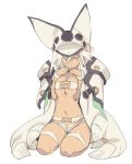  1girl belt beltbra blade_(galaxist) breast_squeeze breasts brown_eyes dark_skin guilty_gear guilty_gear_xrd hat long_hair navel ramlethal_valentine seiza short_shorts shorts simple_background sitting solo thigh_strap under_boob white_background white_hair 