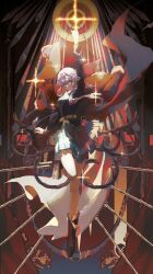  1girl arm_up arrow_(projectile) badge bell black_boots blue_jacket blue_skirt boots bow_(weapon) circle closed_mouth color_contrast colorful_background commentary_request floating floating_clothes floating_hair full_body fur-trimmed_jacket fur_trim glasses glint glowing glowing_eyes gold_belt green_eyes hair_bell hair_ornament hair_over_shoulder highres holding holding_pen hoshimi_junna jacket light_particles long_hair long_sleeves looking_at_viewer object_request pen pleated_skirt purple_hair qisu_zhang red_jacket shoujo_kageki_revue_starlight single_horizontal_stripe skirt solo sparkle spotlight string weapon 