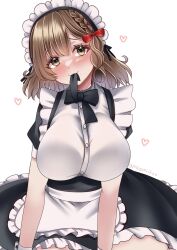  1girl alternate_costume apron asahi_(kancolle) black_dress braid breasts brown_hair dress enmaided frilled_apron frilled_dress frills grey_eyes heart highres kantai_collection large_breasts looking_at_viewer maid maid_headdress mole mole_under_mouth mouth_hold poyo_teitoku short_hair side_braid simple_background single_braid sitting solo waist_apron white_background 