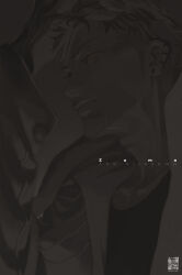  1boy absurdres artist_name commentary dandadan ear_piercing highres pakupaku_keema piercing qr_code scar scar_on_chin scar_on_face short_hair solo unji_zuma 