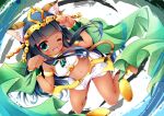 1girl :3 ;d animal_ears bastet_(p&amp;d) black_hair cat_ears cat_tail dark_skin fang green_eyes hair_ornament long_hair looking_at_viewer nanamomo_rio navel one_eye_closed open_mouth paw_pose puzzle_&amp;_dragons shawl smile solo tail 