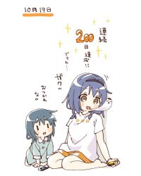  2girls :d barefoot black_hairband blue_dress blue_hair blush_stickers braid brown_eyes collared_dress commentary_request contrast_collar controller dress full_body furutani_himawari furutani_kaede game_controller giving_up_the_ghost hairband highres holding holding_controller holding_game_controller joy-con long_sleeves multiple_girls namori open_mouth orange_shorts shirt short_hair short_sleeves shorts simple_background sitting smile socks thick_eyebrows translation_request twin_braids white_background white_shirt white_socks yuru_yuri |_| 