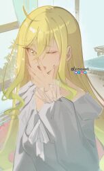  1girl absurdres ahoge artist_name blonde_hair day highres indoors knowname long_hair long_sleeves one_eye_closed pajamas rock_wa_lady_no_tashinami_deshite suzunomiya_lilisa upper_body very_long_hair watermark white_pajamas yawning yellow_eyes 