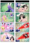  4koma ^_^ animal_ears black_hair brown_eyes chasing closed_eyes comic core_drill crossover fluttershy highres inaba_tewi long_hair multiple_4koma my_little_pony open_mouth pleated_skirt pony purple_hair rabbit rabbit_ears red_eyes reisen_udongein_inaba running school_uniform short_hair skirt smile touhou xin_yu_hua_yin 