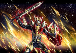  1boy apple_reflecter armor black_bodysuit bodysuit compound_eyes cowboy_shot gold_armor grey_eyes holding holding_shield holding_sword holding_weapon kamen_rider kamen_rider_gaim:_great_soccer_battle!_golden_fruits_cup! kamen_rider_gaim_(series) kamen_rider_mars kin_no_ringo_lockseed male_focus masukudo_(hamamoto_hikaru) sengoku_driver shield sparkle standing sword sword_bringer weapon 