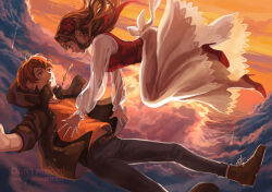  1boy 1girl blue_pants brown_eyes brown_hair closed_mouth clouds cloudy_sky dress green_eyes green_jacket grin hetero high_heels highres jacket jewelry long_hair looking_at_another luke_pearce_(tears_of_themis) marina_mag nail_polish necklace outdoors pants red_nails red_vest rosa_(tears_of_themis) shirt short_hair sky smile sunset tears_of_themis vest white_dress yellow_shirt 