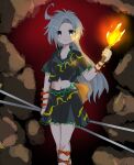  1girl ahoge bangs black_shirt black_skirt blue_eyes closed_mouth grey_hair highres himemushi_momoyo holding holding_torch long_hair looking_at_viewer multiple_bows navel rock shirt short_sleeves skirt smile solo standing torch touhou zabuton_(mgdw5574) 