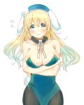  1girl animal_ears atago_(kantai_collection) bare_shoulders blonde_hair blue_eyes breasts bunny_tail bunnysuit collarbone crossed_arms flying_sweatdrops hat huge_breasts kantai_collection long_hair looking_at_viewer pantyhose rabbit_ears sketch solo sweat tail ume_(plumblossom) 