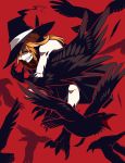  1girl animal artist_request bird blonde_hair braid commentary_request crow evil_grin evil_smile fang feathered_wings grin hair_over_one_eye hat hat_over_one_eye highres kirisame_marisa long_hair red_background smile solo talons touhou wings witch witch_hat yellow_eyes 