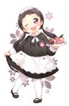  1girl ;d apron black_hair blush child cup dirty_clothes hair_bobbles hair_ornament kito_(sorahate) long_hair looking_at_viewer low_twintails maid maid_headdress mudball one_eye_closed open_mouth original pantyhose simple_background smile solo tray twintails violet_eyes waist_apron white_background white_legwear 