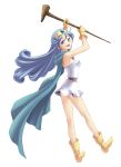  1girl bare_shoulders blue_cape blue_eyes blue_hair cape dragon_quest dragon_quest_iii dress full_body gloves long_hair sage_(dq3) short_dress simple_background solo staff tiara white_background white_dress yaya_(tempering) 