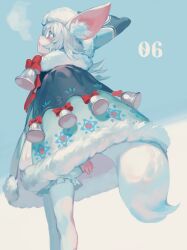  animal_ear_fluff animal_ears aruk bell bloomers blue_eyes breath dress fur-trimmed_collar fur-trimmed_dress fur-trimmed_headwear fur_trim highres leggings looking_up open_mouth original patterned_clothing pointy_hat red_ribbon ribbon snow tail white_hair white_leggings 