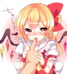 1girl blonde_hair blood blush bow finger_in_another&#039;s_mouth flandre_scarlet hair_bow long_hair no_hat paragasu_(parags112) red_eyes side_ponytail solo_focus touhou wings 