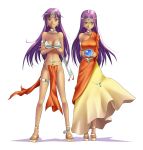  2girls anklet armlet asymmetrical_clothes bangle bare_shoulders bikini_top bracelet breasts choker collarbone crossed_arms crystal_ball dark_skin dragon_quest dragon_quest_iv dress earrings fan folding_fan frown jewelry loincloth long_hair manya minea multiple_girls navel purple_hair sandals shadow siblings simple_background single_sleeve sisters tiara twins violet_eyes white_background yaya_(tempering) 