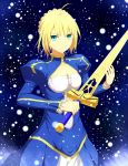  1girl ahoge blonde_hair dress excalibur fate/stay_night fate_(series) green_eyes highres saber sakaokasan solo sword weapon 