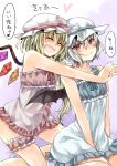  2girls babydoll bare_arms bare_shoulders fang flandre_scarlet heart highres hug hug_from_behind mimoto_(aszxdfcv) multiple_girls remilia_scarlet sitting thigh_strap touhou translation_request wariza 