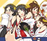  &gt;_&lt; 4girls :3 ahoge bare_shoulders black_hair black_skirt brown_eyes brown_hair cup detached_sleeves glasses green-framed_glasses hair_bun hairband haruna_(kantai_collection) hiei_(kantai_collection) hug ink_bottle kantai_collection kirishima_(kantai_collection) kongou_(kantai_collection) long_hair multiple_girls nontraditional_miko one_eye_closed open_mouth pleated_skirt pov quill red_skirt seraphwia short_hair skirt sweat tea teacup tray wavy_mouth 