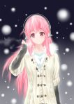 1girl breasts headphones highres large_breasts long_hair looking_at_viewer nitroplus open_mouth pink_eyes pink_hair smile snowing solo super_sonico 