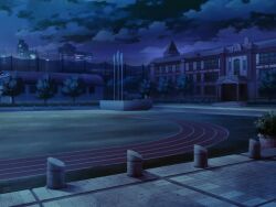  artist_request bush city clouds dark game_cg house magia_record:_mahou_shoujo_madoka_magica_gaiden mahou_shoujo_madoka_magica night night_sky no_humans official_art outdoors school sky stairs sunlight track_and_field tree 