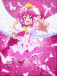  1girl aino_megumi ballerina brooch choker cure_lovely feathers frills happinesscharge_precure! jewelry leg_garter long_hair magical_girl outstretched_hand pantyhose pink pink_background pink_eyes pink_hair pink_skirt precure skirt smile solo super_happiness_lovely tiara tj-type1 twintails white_legwear white_wings wings 