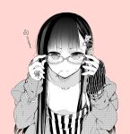  1boy adjusting_glasses asymmetrical_clothes black_hair blush glasses hair_ornament jewelry long_hair looking_at_viewer monochrome mouth_hold original pink_background ring sakiyo_cake simple_background sleeves_past_wrists solo trap 