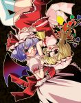  15_(tooka) 2girls bat_wings blonde_hair bow flandre_scarlet glasses hands_together hat hat_bow lavender_hair multiple_girls red-framed_glasses red_eyes remilia_scarlet rotational_symmetry siblings side_ponytail sisters thigh-highs touhou white_legwear wings 