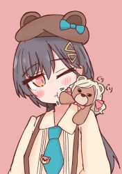  1girl ;t amado_(amaddo_club) animal_ears animal_on_shoulder animalization bear bear_ears bear_hat blue_bow blue_necktie blush bow brown_hat ceras_yanagida_lilienfeld collared_shirt commentary dress_shirt grey_hair hair_ornament hair_ribbon hat hat_bow katsuragi_izumi katsuragi_izumi_(chara_dolce) link!_like!_love_live! long_sleeves love_live! motion_lines necktie official_alternate_costume one_eye_closed orange_eyes pink_ribbon ribbon shirt sound_effects symbol-only_commentary tie_clip triangle_hair_ornament upper_body v-shaped_eyes virtual_youtuber wolf_cut yellow_shirt 