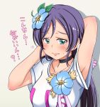  1girl adjusting_hair arm_up armpits blush green_eyes hoshino_ouka long_hair looking_at_viewer love_live!_school_idol_project purple_hair solo sweatdrop toujou_nozomi translation_request twintails 