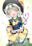  1girl :d ^_^ blouse blush cake check_translation closed_eyes commentary_request eyeball facing_viewer food green_hair hammer_(sunset_beach) hat heart heart_of_string komeiji_koishi open_mouth plate short_hair skirt slice_of_cake smile smoke solo sparkle touhou translation_request 