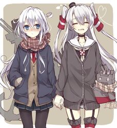  2girls amatsukaze_(kantai_collection) anchor anchor_symbol berukko black_legwear blue_eyes blush coat collarbone garter_straps hair_between_eyes hair_tubes hand_in_pocket heart heart_of_string hibiki_(kantai_collection) holding_hands kantai_collection long_hair long_sleeves multiple_girls necktie pantyhose payot pleated_skirt rensouhou-kun scarf school_uniform serafuku silver_hair simple_background skirt striped striped_legwear thigh-highs twintails two_side_up verniy_(kantai_collection) white_hair windsock 