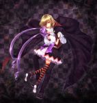  1boy 1girl alternate_costume blonde_hair cape checkered checkered_background dancing frills gloves halloween highres holding_hands long_hair miyato000 pants pointy_ears purple_hair richard_(tales) shoes skirt smile sophie_(tales) star striped striped_legwear tales_of_(series) tales_of_graces thigh-highs twintails violet_eyes yellow_eyes 