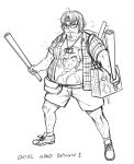  1boy bikini_top camera defense_of_the_ancients dota_2 english fanny_pack fat hairy_legs headband highres male monochrome otaku pcmaniac88 plaid plaid_shirt poster_(object) shorts simple_background sketch sweat twintails white_background 