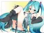  1girl aqua_eyes aqua_hair blush breasts cleavage detached_sleeves fugetsu_taku hatsune_miku headphones long_hair microphone microphone_stand necktie open_clothes open_mouth panties partially_undressed skirt smile solo striped striped_panties thigh-highs twintails underwear very_long_hair vocaloid 