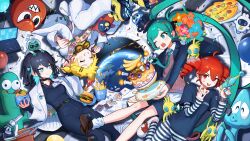  1boy 3girls absurdres ahoge alien balloon banana belt birthday_cake black_hair black_shirt black_shoes blonde_hair bouquet breasts brown_shoes burger cake candle card choker closed_eyes closed_mouth collared_shirt colored_inner_hair commentary_request computer confetti creature cuffs dice drill_hair earth_(planet) energy_gun food fork french_fries fruit goggles goggles_around_neck green_eyes green_hair hair_ornament hairclip hat hatsune_miku highres holding holding_food holding_fork holding_plate jacket jumpsuit kagamine_len kasane_teto lab_coat laptop loafers microscope miyamai_moca multicolored_hair multiple_girls one_eye_closed open_mouth party_hat pen pizza planet plate playing_card poker_chip ray_gun red_eyes red_hair sash screw shackles shirt shoes short_hair shoulder_sash small_breasts smile sneakers socks space striped_clothes striped_shirt sweatdrop sweater_vest synthesizer_v test_tube top_hat twin_drills twintails utau vocaloid wawasuke weapon white_jacket white_shoes white_socks wrench zero_gravity 