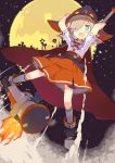  1girl absurdres blue_eyes brown_hair cape dutch_angle exrail flying from_below full_moon goggles_on_hat hair_over_one_eye halloween hat highres holding looking_at_viewer moon open_mouth original short_hair solo witch witch_hat 