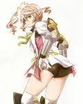  1girl alisha_(tales) boots brown_hair buruma elbow_gloves gauntlets gloves green_eyes knee_boots looking_back mishiro_(andante) short_hair side_ponytail solo tales_of_(series) tales_of_zestiria white_background 