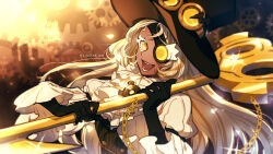  1girl :d @_@ ascot black_gloves black_hat black_vest blonde_hair blurry brooch brown_hair buttons chain colored_eyelashes commentary_request cookie_run cookie_run:_ovenbreak dark-skinned_female dark_skin elbow_gloves eyepatch film_grain frilled_sleeves frills gears gloves goggles goggles_on_headwear gold_buttons hat holding humanization jewelry juliet_sleeves korean_commentary large_hat long_hair long_sleeves looking_at_viewer making-of_available multicolored_hair one_eye_covered open_mouth parted_bangs pinstripe_pattern pinstripe_vest puffy_sleeves raised_eyebrows shirt smile solo sparkle streaked_hair teeth timekeeper_cookie tongue top_hat twitter_username two-tone_hair upper_body vest white_ascot white_eyelashes white_shirt x_sonak yellow_eyes 