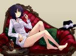  1girl alcohol black_hair book bottomless brown_eyes couch enclosed hair_twirling hat hat_removed headwear_removed looking_at_viewer scotch short_hair smile solo touhou usami_renko 