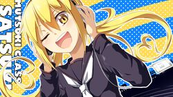  1girl ;d ataru_(cha2batake) blonde_hair character_name digital_media_player headphones kantai_collection looking_at_viewer one_eye_closed open_mouth satsuki_(kantai_collection) school_uniform serafuku smile solo twintails yellow_eyes 