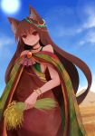  1girl alternate_costume animal_ears arano_oki bare_shoulders blush bracelet breasts brown_hair earrings imaizumi_kagerou jewelry long_hair looking_at_viewer necklace sideboob smile solo touhou wheat wolf_ears 