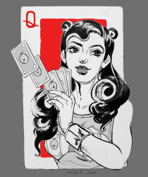  1girl absurdres araki_hirohiko_(style) border bracelet card choji_cc commentary commentary_request curly_hair double_bun grey_border hair_bun higashikata_kato highres holding holding_card jewelry jojo_no_kimyou_na_bouken jojolion long_hair monochrome playing_card queen_(playing_card) solo spot_color upper_body wristband 