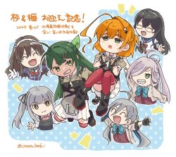  6+girls ahoge antenna_hair asashimo_(kancolle) asashimo_kai_ni_(kancolle) ashigara_(kancolle) ashigara_kai_ni_(kancolle) black_hair blue_sailor_collar casca_(casca_bask) commentary_request fang glasses green_hair grey_hair grey_sailor_collar grin highres huge_ahoge kantai_collection kasumi_(kancolle) kasumi_kai_ni_(kancolle) kaya_(kancolle) kiyoshimo_(kancolle) kiyoshimo_kai_ni_(kancolle) long_hair multiple_girls ooyodo_(kancolle) orange_hair pleated_skirt red_thighhighs sailor_collar school_uniform serafuku sharp_teeth side_ponytail skin_fang skirt smile sugi_(kancolle) teeth thigh-highs translation_request upper_body white_skirt 