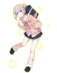  1girl :o bag black_shoes black_skirt blush bow bowtie bracelet brown_cardigan cardigan collarbone full_body grey_hair gyaru hair_bun hashtag-only_commentary highres holding holding_bag idolmaster idolmaster_shiny_colors idolmaster_shiny_colors_song_for_prism jewelry kogal looking_at_viewer loose_bowtie loose_socks miniskirt multicolored_hair open_collar pink_hair plaid_clothes plaid_skirt pleated_skirt red_bow red_bowtie rgst_(ramgester) school_bag school_uniform serizawa_asahi shoes simple_background sindel single_side_bun skirt socks solo star_(symbol) streaked_hair two-tone_hair white_background white_socks 