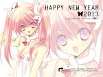  1girl 2013 artist_name breasts cleavage dress hair_ornament hand_on_own_head happy_new_year highres koge_donbo long_hair looking_at_viewer new_year original pink_hair snake_hair_ornament solo twintails violet_eyes watermark web_address white_dress zoom_layer 