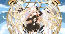  1girl bag bird_nest black_dress blonde_hair blue_sky broken clothing_cutout clouds date_a_live day detached_sleeves dress feathers game_cg gekijouban_date_a_live:_mayuri_judgement gold_trim long_hair mayuri_(date_a_live) navel official_art open_mouth sky solo third-party_source violet_eyes wings 